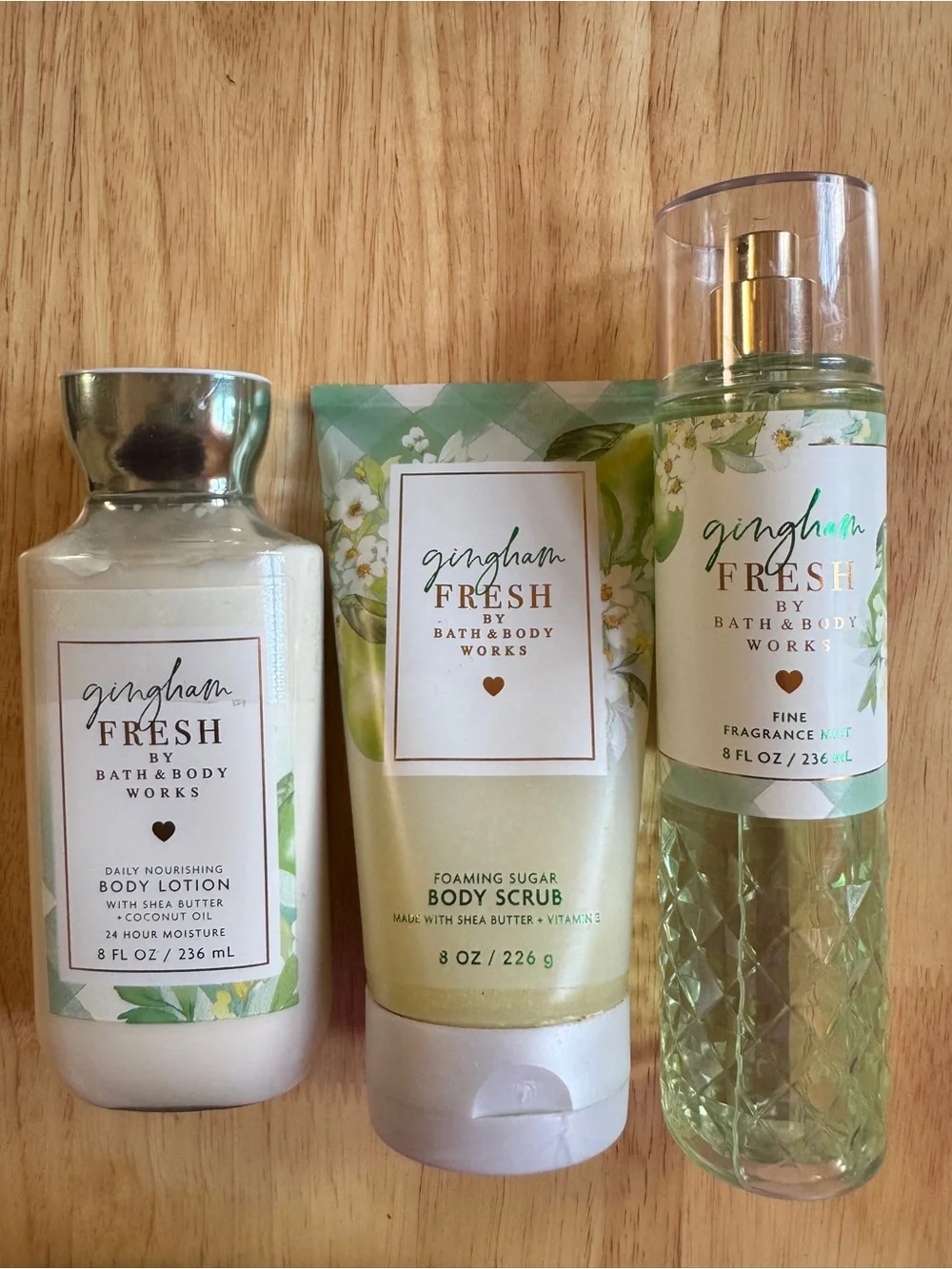 Bath & Body Works Gingham Fresh Body Lotion, Scrub & Mist - White, Green, Gold